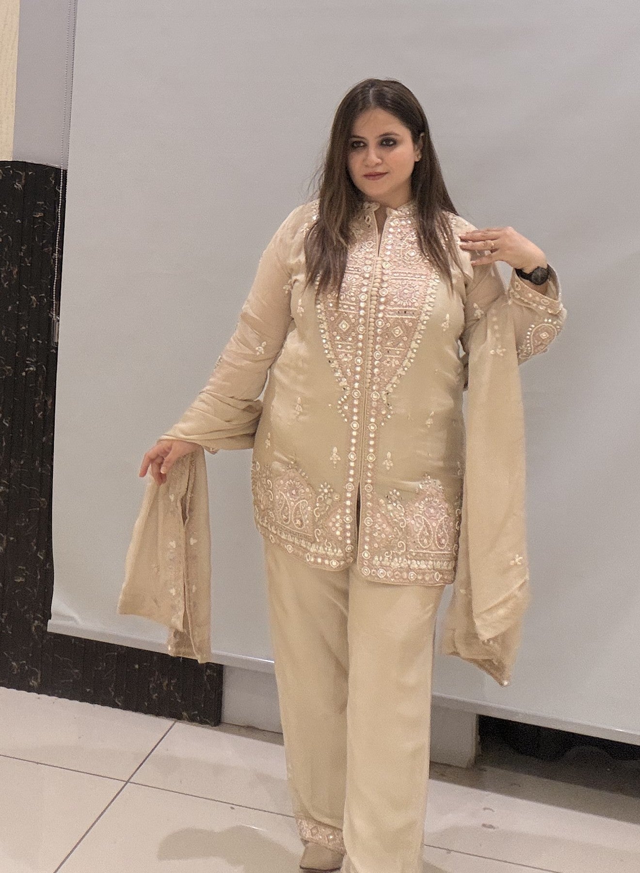 Elegant Beige Party Wear Embroidered Suit Set with Dupatta