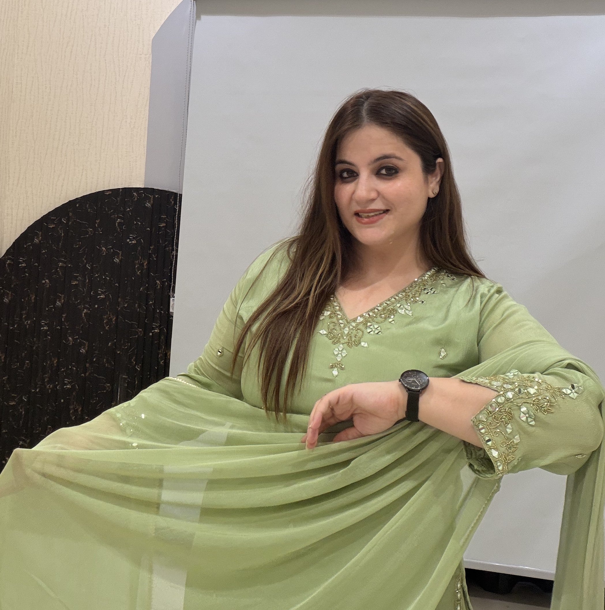 Mint Green Chinon Handwork Suit Set with Dupatta