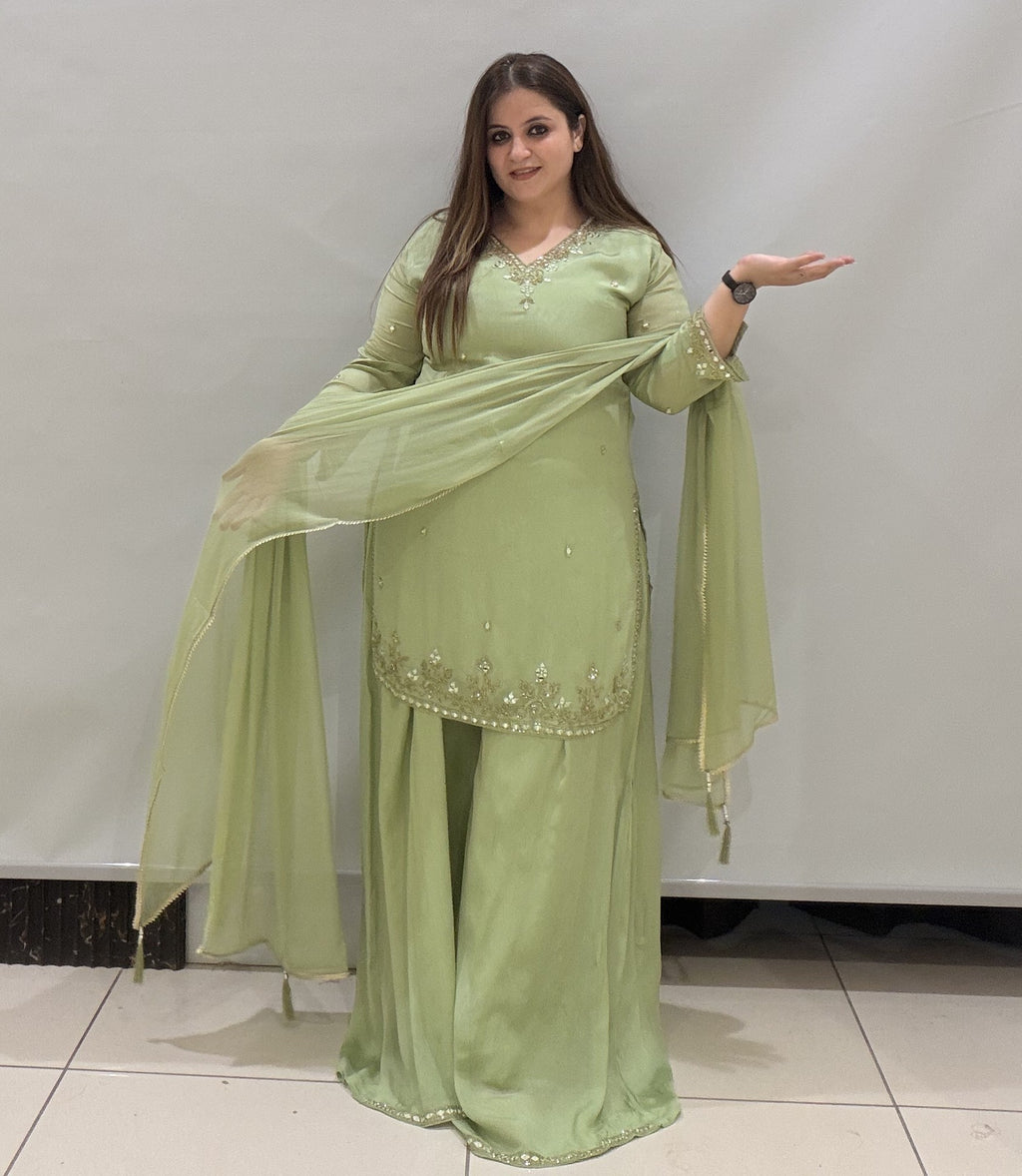 Mint Green Chinon Handwork Suit Set with Dupatta