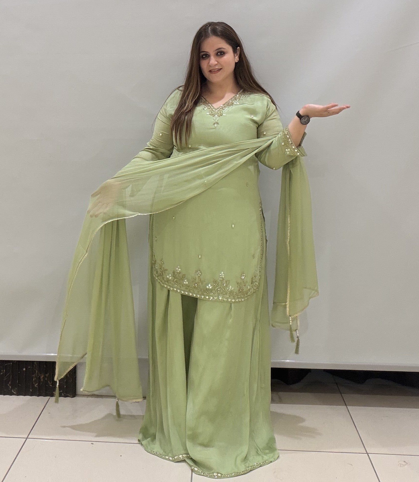 Mint Green Chinon Handwork Suit Set with Dupatta