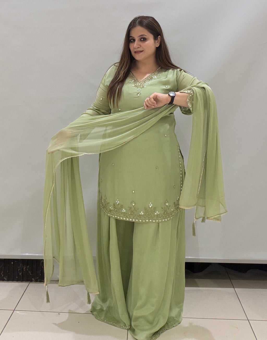 Mint Green Chinon Handwork Suit Set with Dupatta