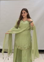 Mint Green Chinon Handwork Suit Set with Dupatta