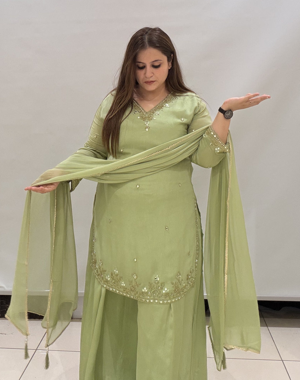 Mint Green Chinon Handwork Suit Set with Dupatta