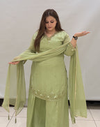 Mint Green Chinon Handwork Suit Set with Dupatta