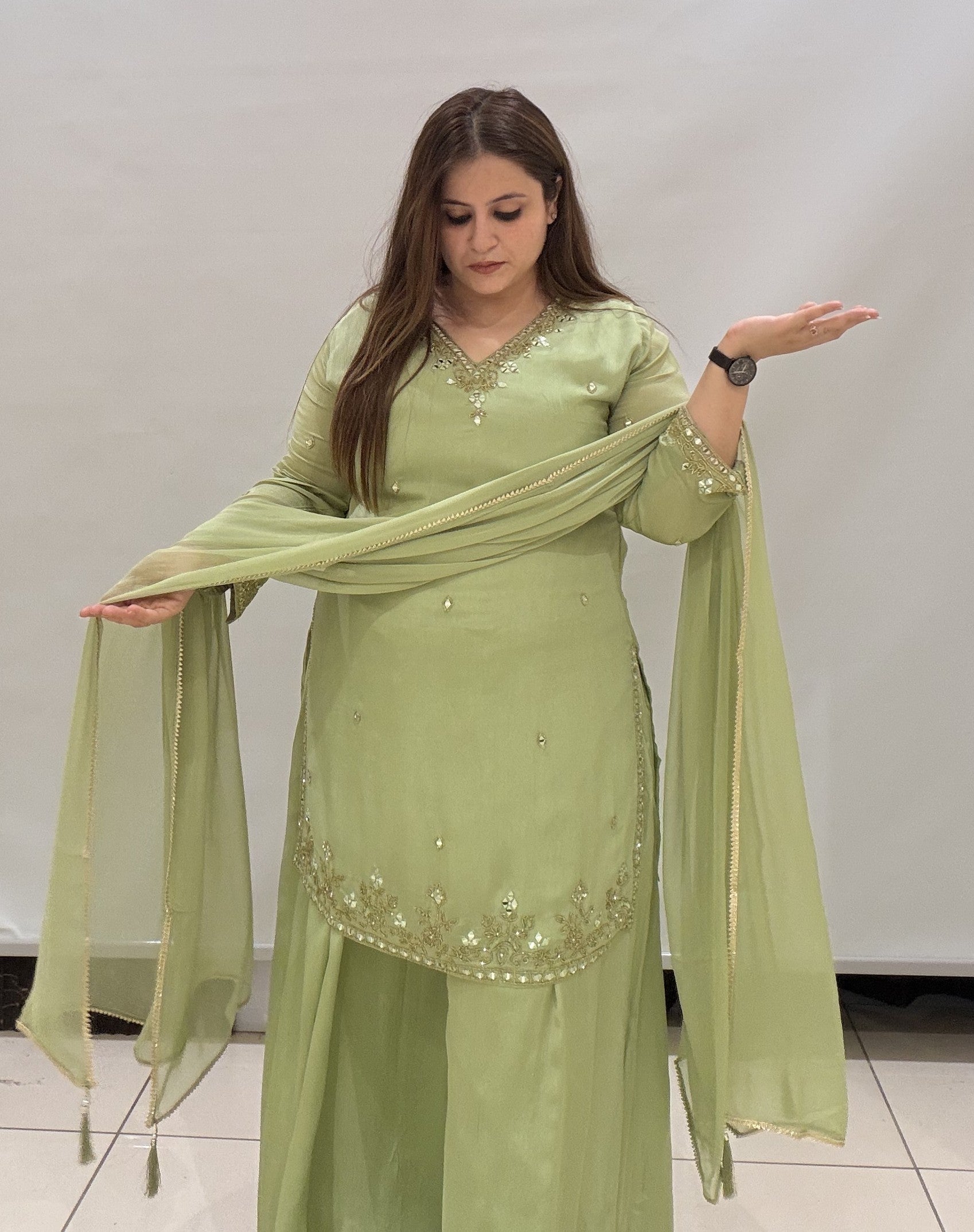 Mint Green Chinon Handwork Suit Set with Dupatta