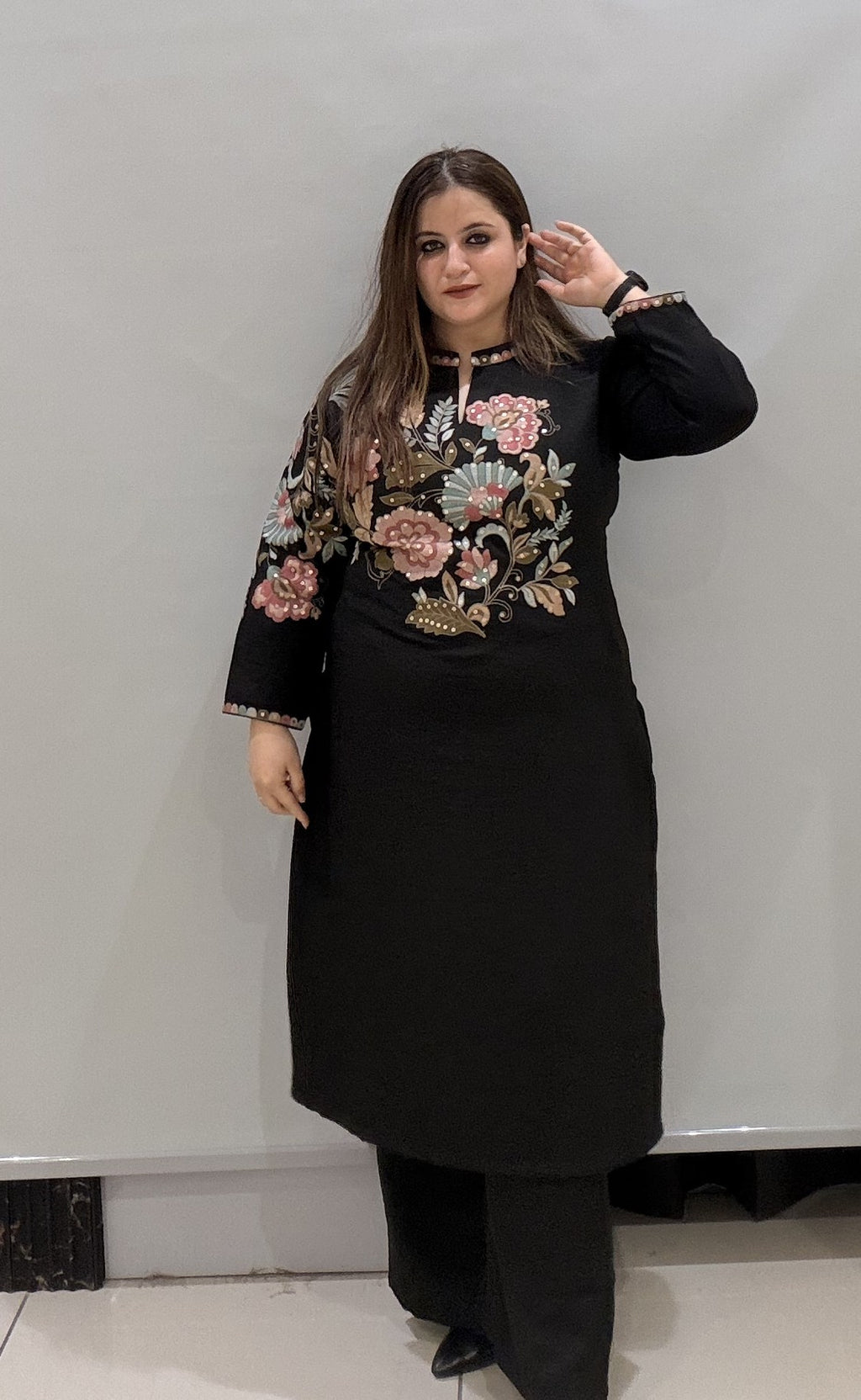 Branded Black Floral Embroidered Two-Piece Co-Ord Set