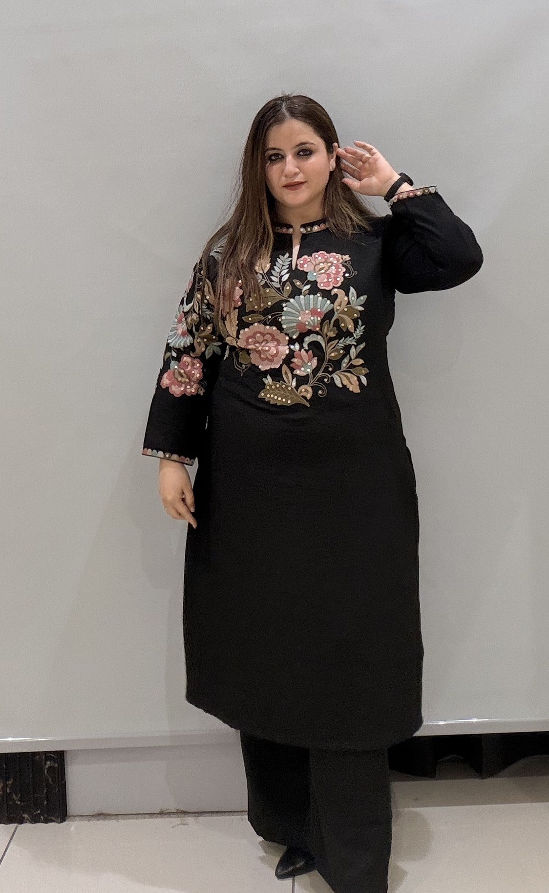 Branded Black Floral Embroidered Two-Piece Co-Ord Set