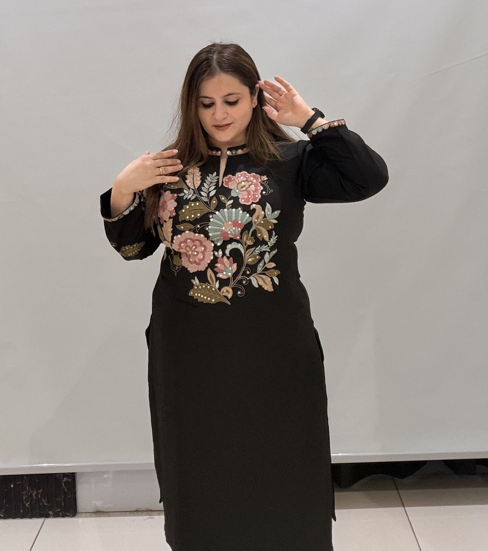 Branded Black Floral Embroidered Two-Piece Co-Ord Set