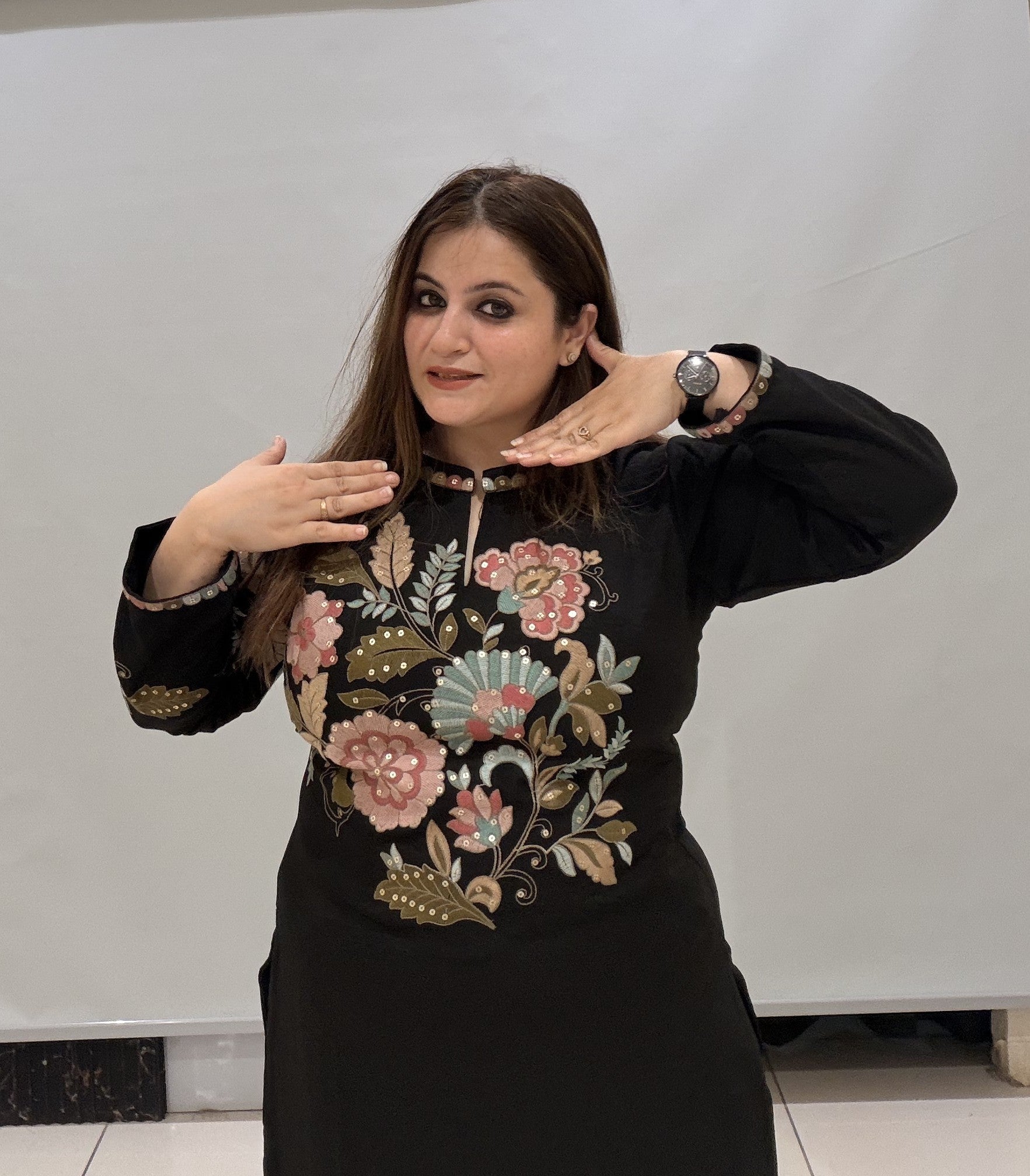 Branded Black Floral Embroidered Two-Piece Co-Ord Set
