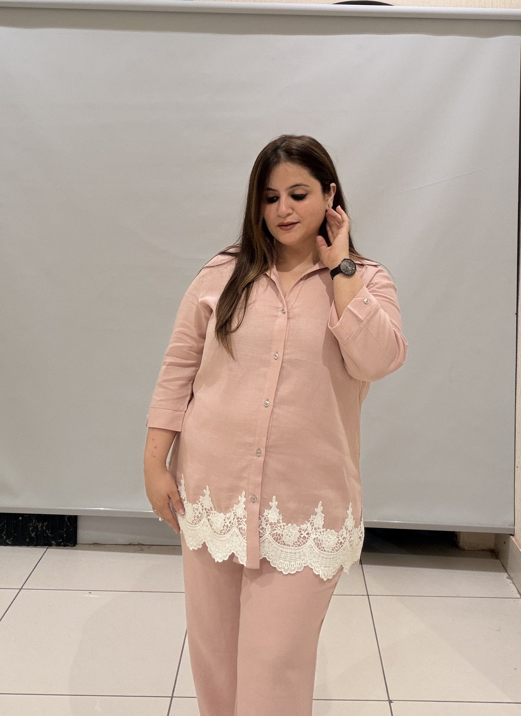Premium Linen Cotton Two-Piece Co-Ord Set with Lace Detailing