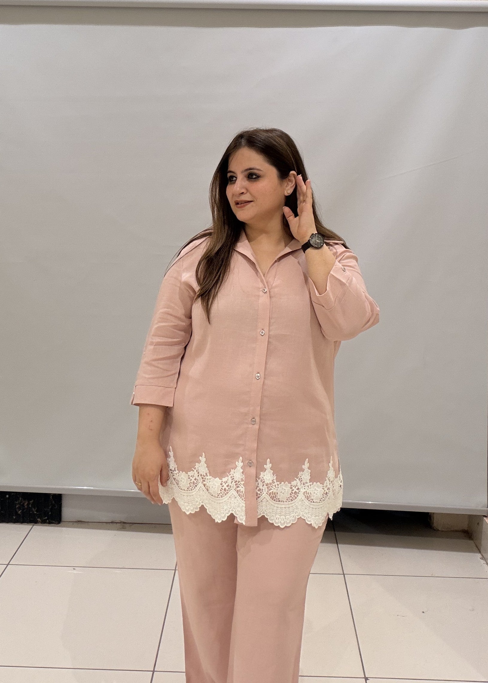 Premium Linen Cotton Two-Piece Co-Ord Set with Lace Detailing