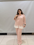 Premium Linen Cotton Two-Piece Co-Ord Set with Lace Detailing