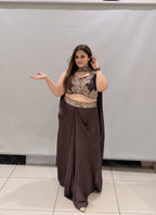 Luxury Heavy Party Wear Gown with Embroidered Crop Top & Drape