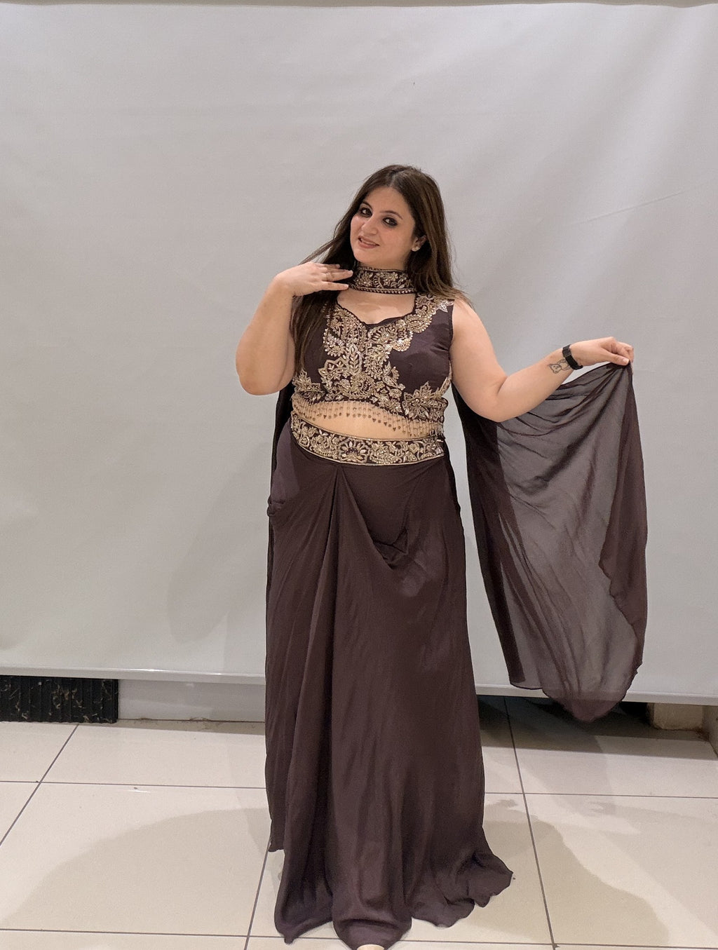 Luxury Heavy Party Wear Gown with Embroidered Crop Top & Drape