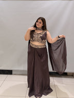 Luxury Heavy Party Wear Gown with Embroidered Crop Top & Drape