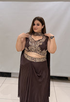 Luxury Heavy Party Wear Gown with Embroidered Crop Top & Drape