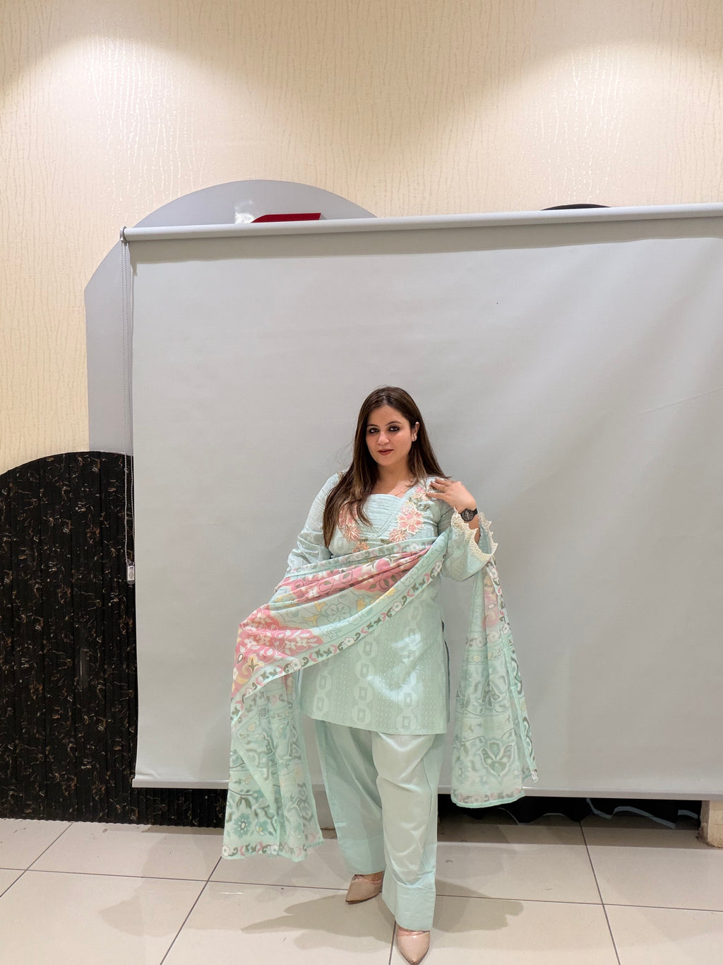 Pastel Green Pure Cotton Embroidered Suit with Printed Dupatta