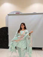 Pastel Green Pure Cotton Embroidered Suit with Printed Dupatta