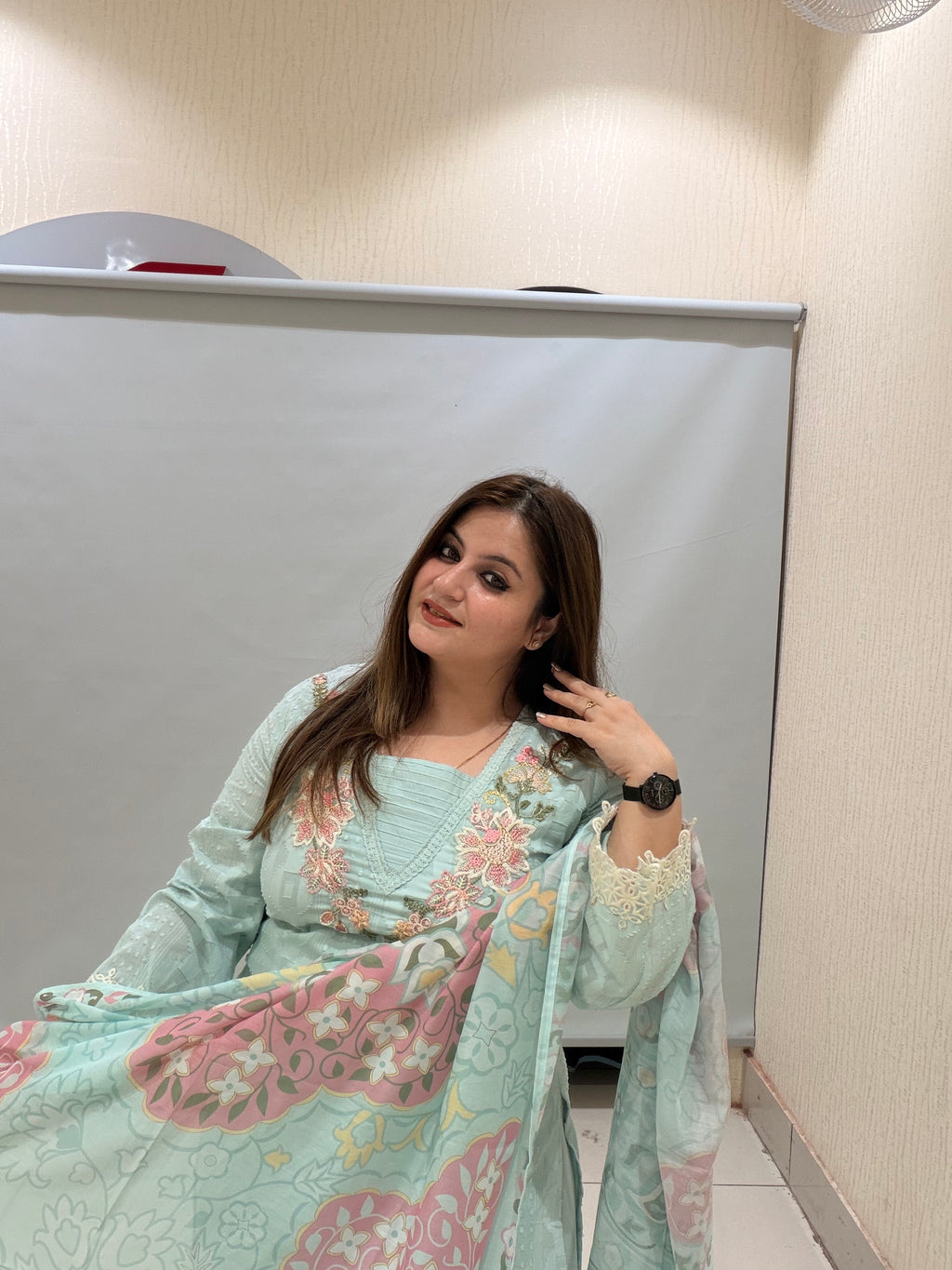 Pastel Green Pure Cotton Embroidered Suit with Printed Dupatta