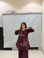 Maroon Pure Crepe Embroidered Coord Set