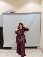 Maroon Pure Crepe Embroidered Coord Set