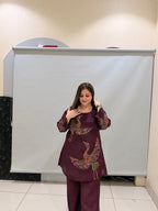 Maroon Pure Crepe Embroidered Coord Set