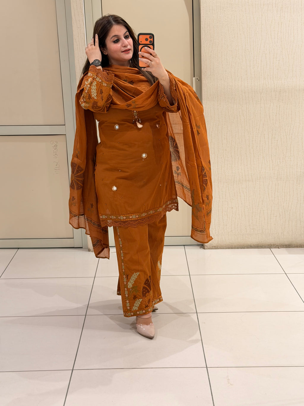 Rust Orange Pure Cotton Embroidered Suit Set
