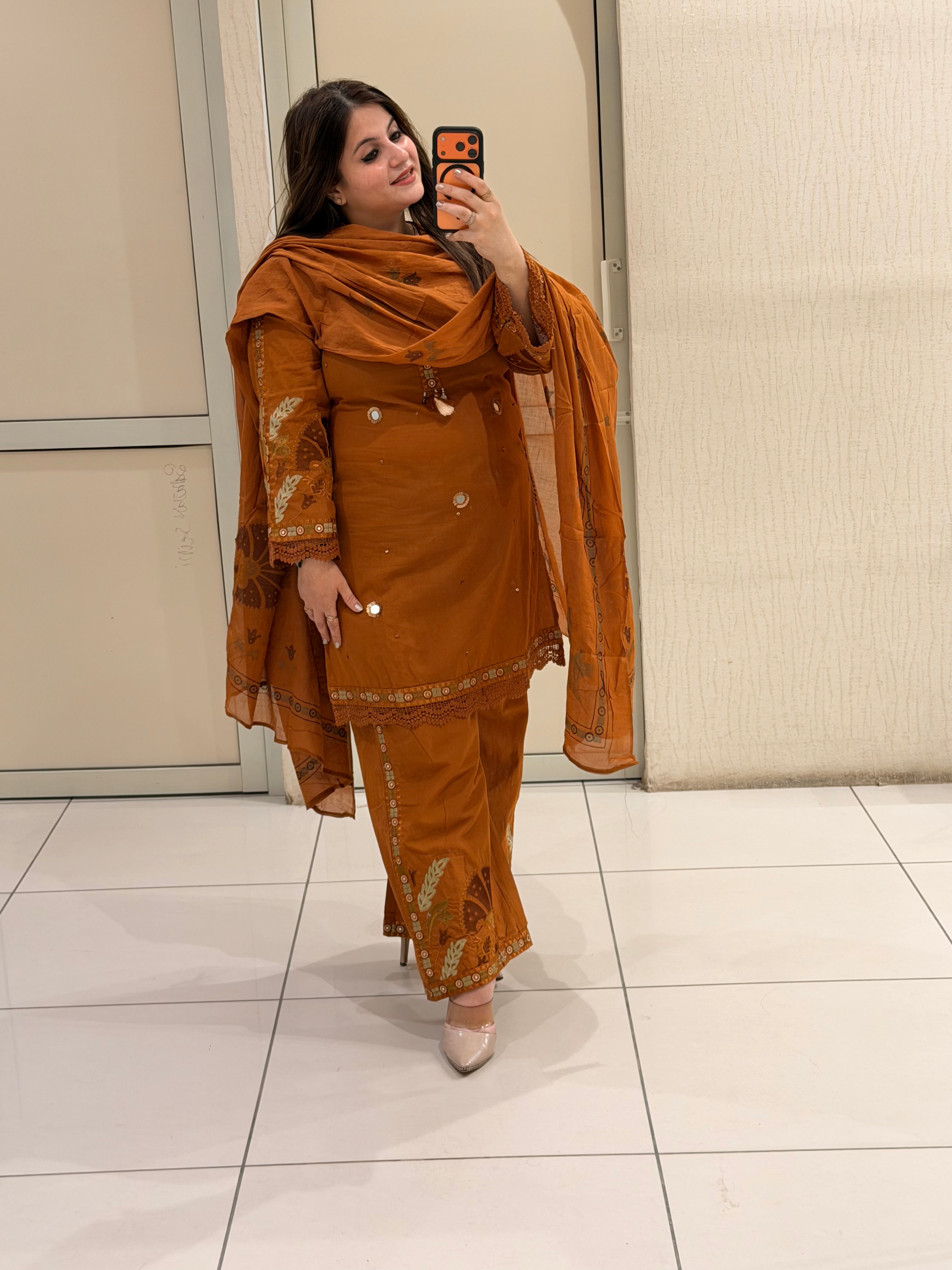 Rust Orange Pure Cotton Embroidered Suit Set