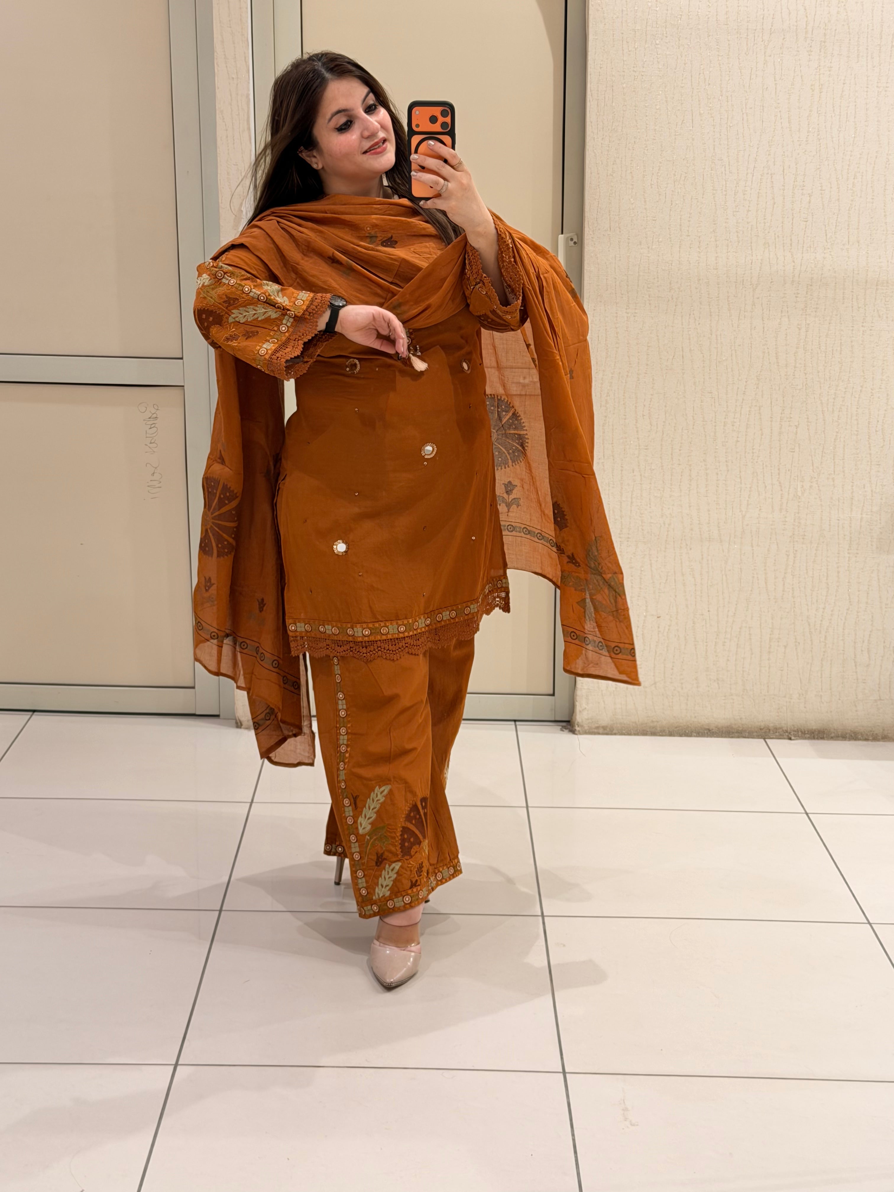 Rust Orange Pure Cotton Embroidered Suit Set