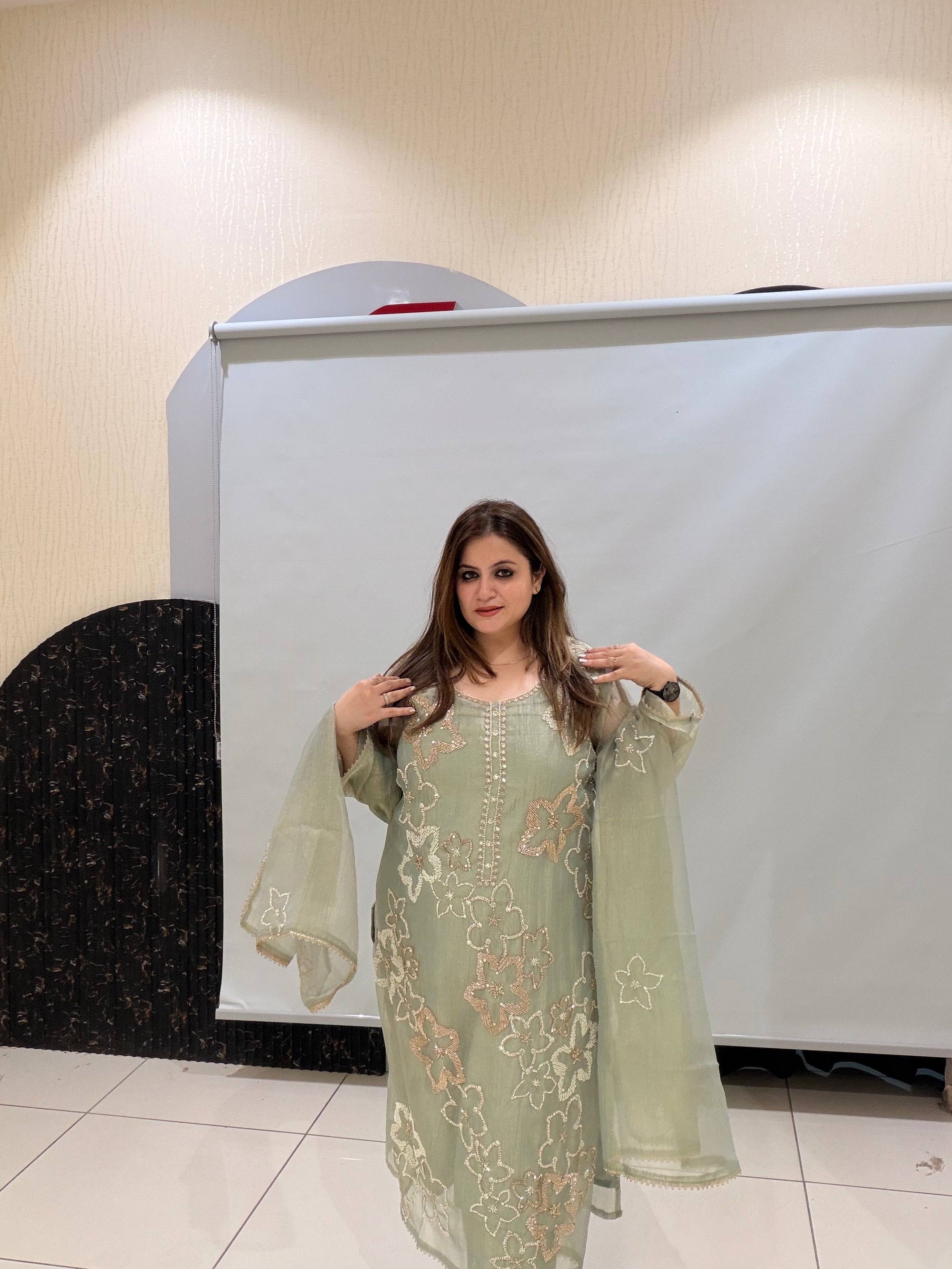 Pastel Green Tissue Handwork Suit