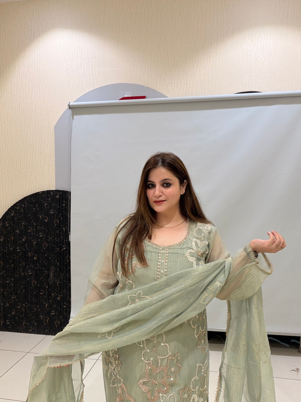 Pastel Green Tissue Handwork Suit