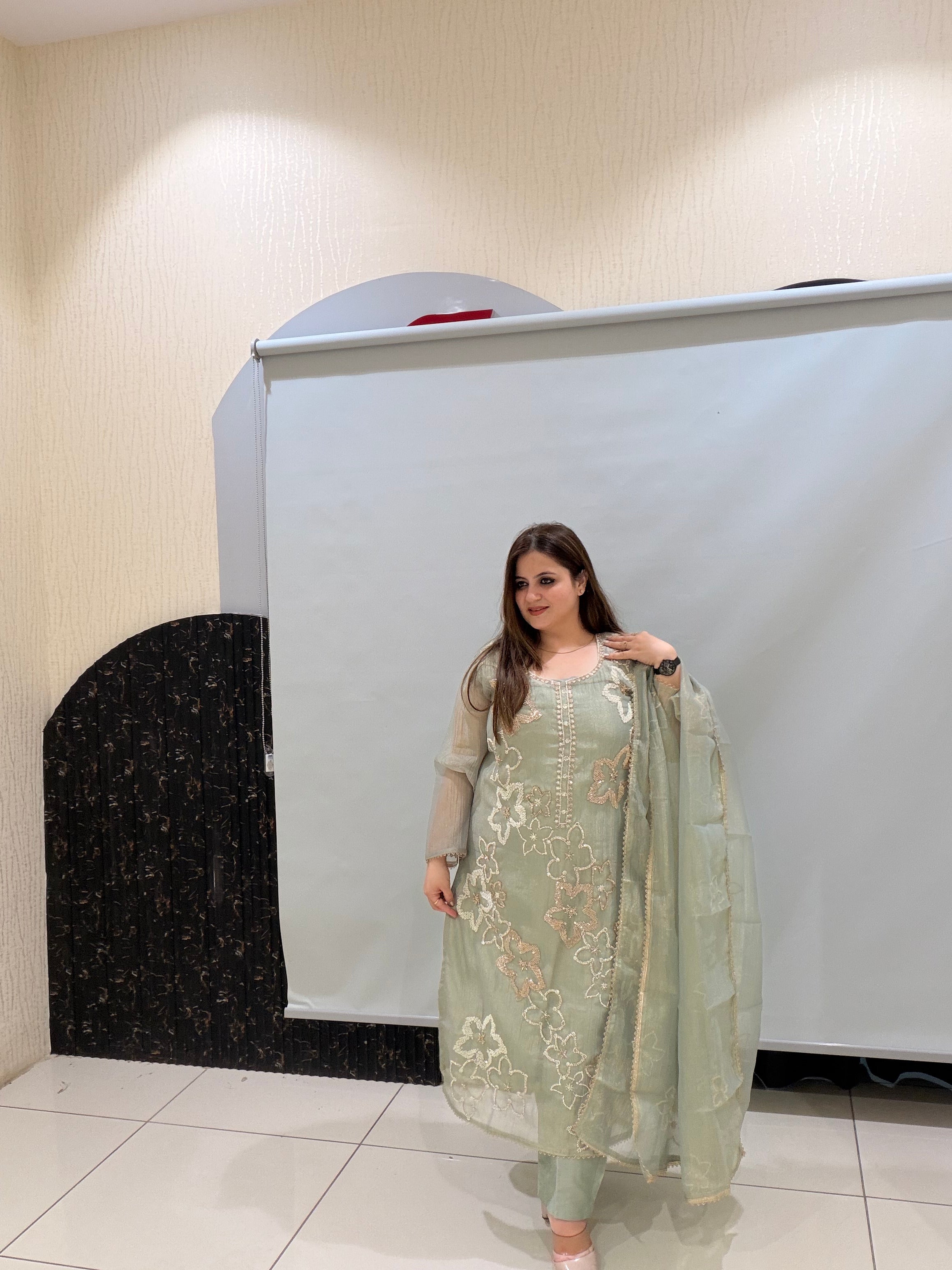 Pastel Green Tissue Handwork Suit