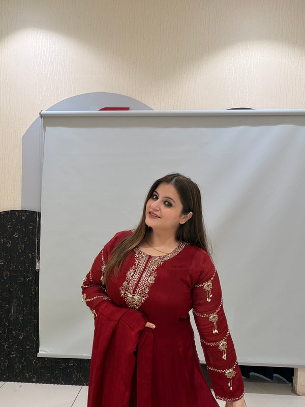 Maroon Pure Chinon Embroidered Anarkali Suit (M–XXL)