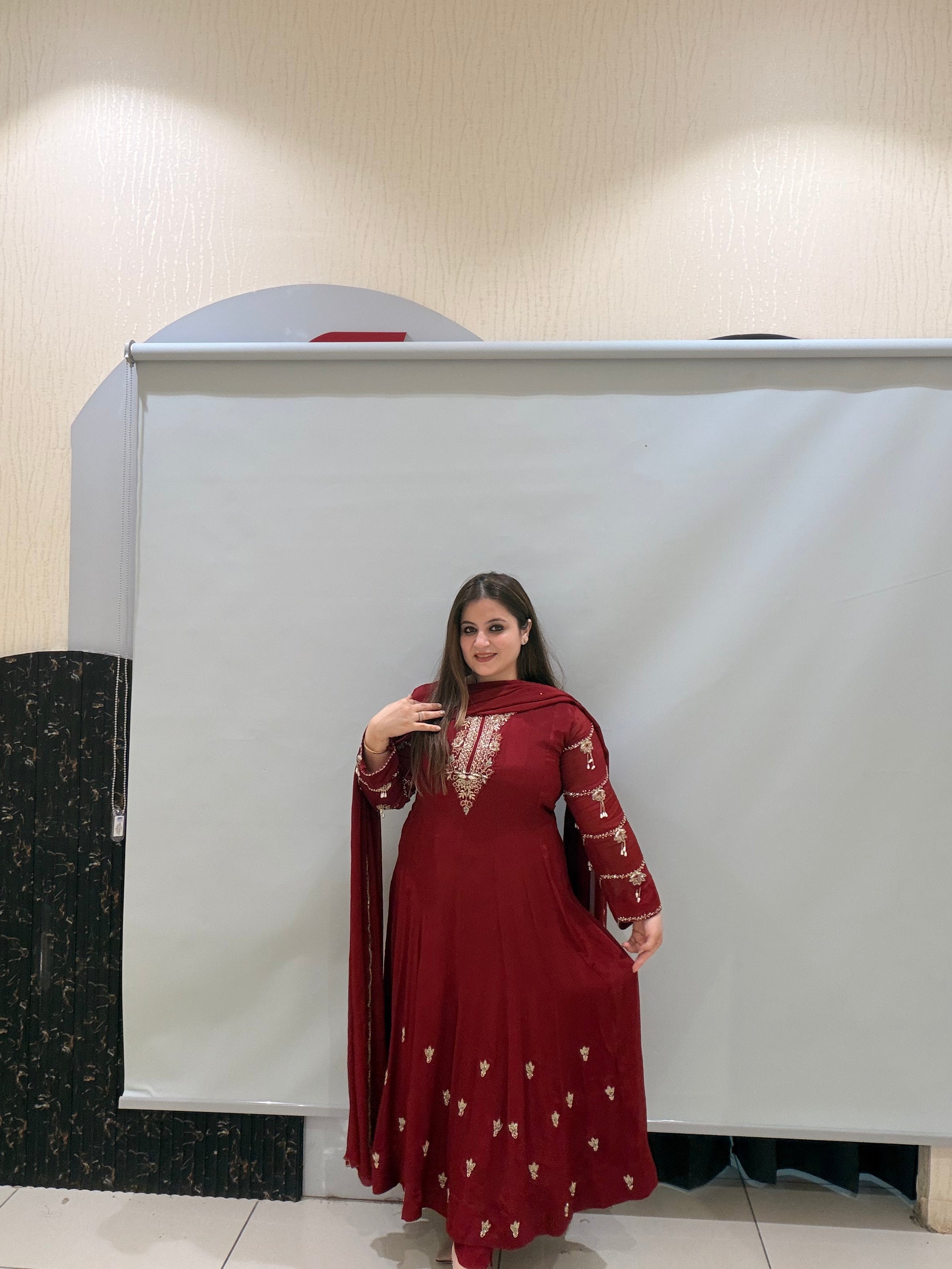 Maroon Pure Chinon Embroidered Anarkali Suit (M–XXL)