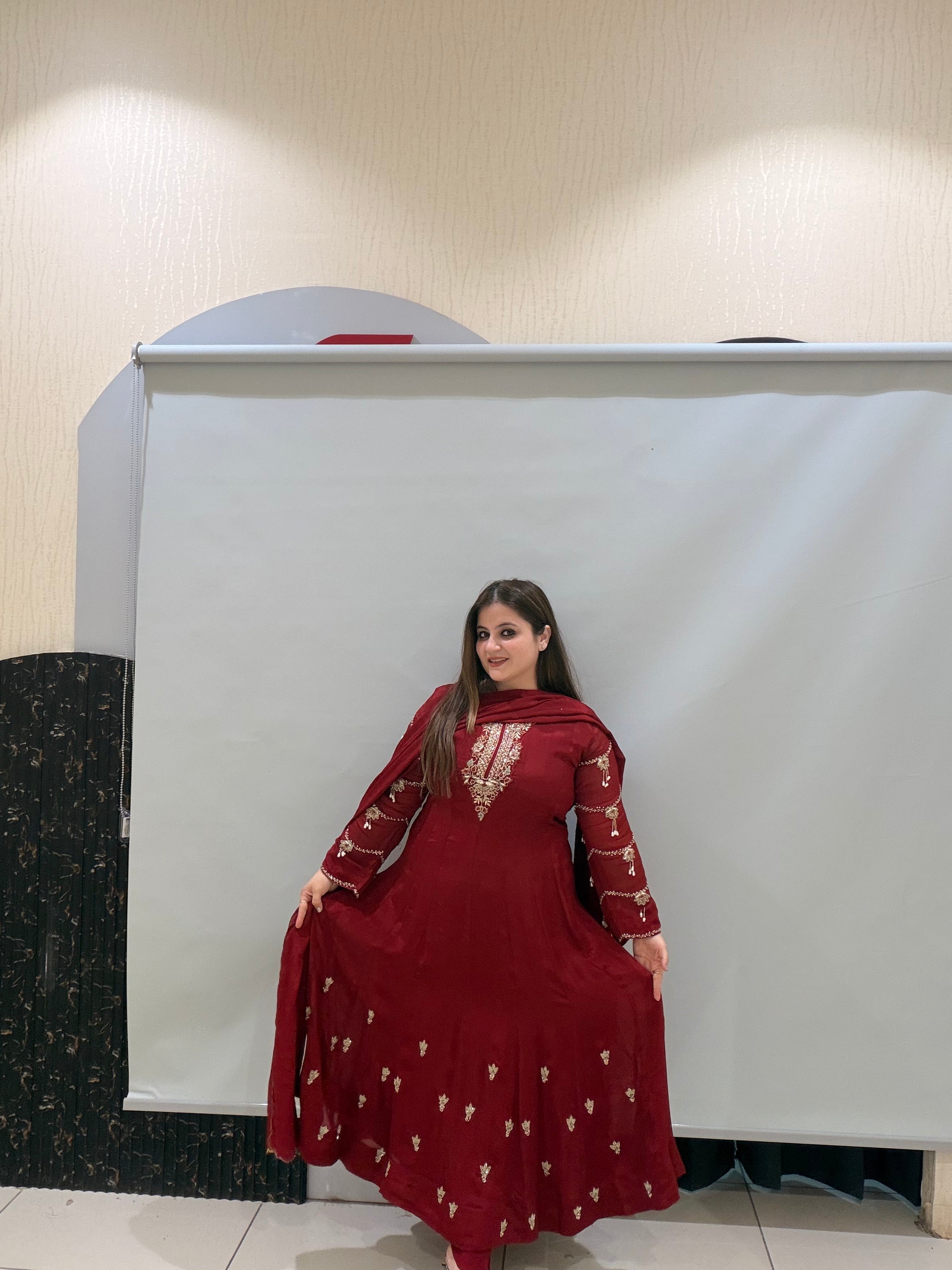 Maroon Pure Chinon Embroidered Anarkali Suit (M–XXL)