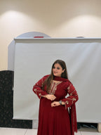 Maroon Pure Chinon Embroidered Anarkali Suit (M–XXL)