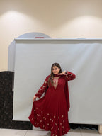 Maroon Pure Chinon Embroidered Anarkali Suit (M–XXL)