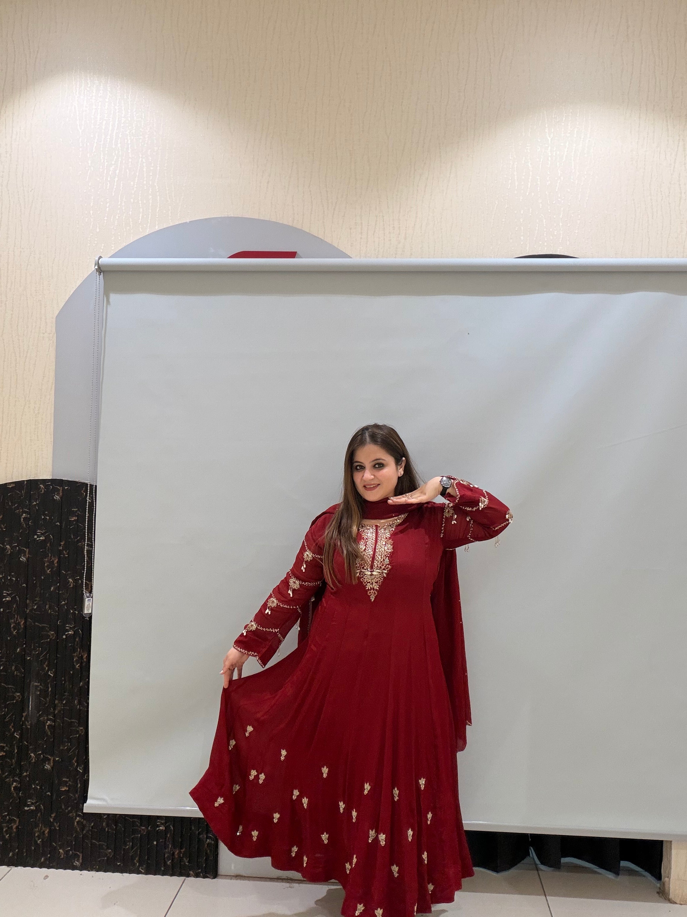 Maroon Pure Chinon Embroidered Anarkali Suit (M–XXL)