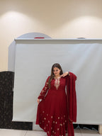 Maroon Pure Chinon Embroidered Anarkali Suit (M–XXL)