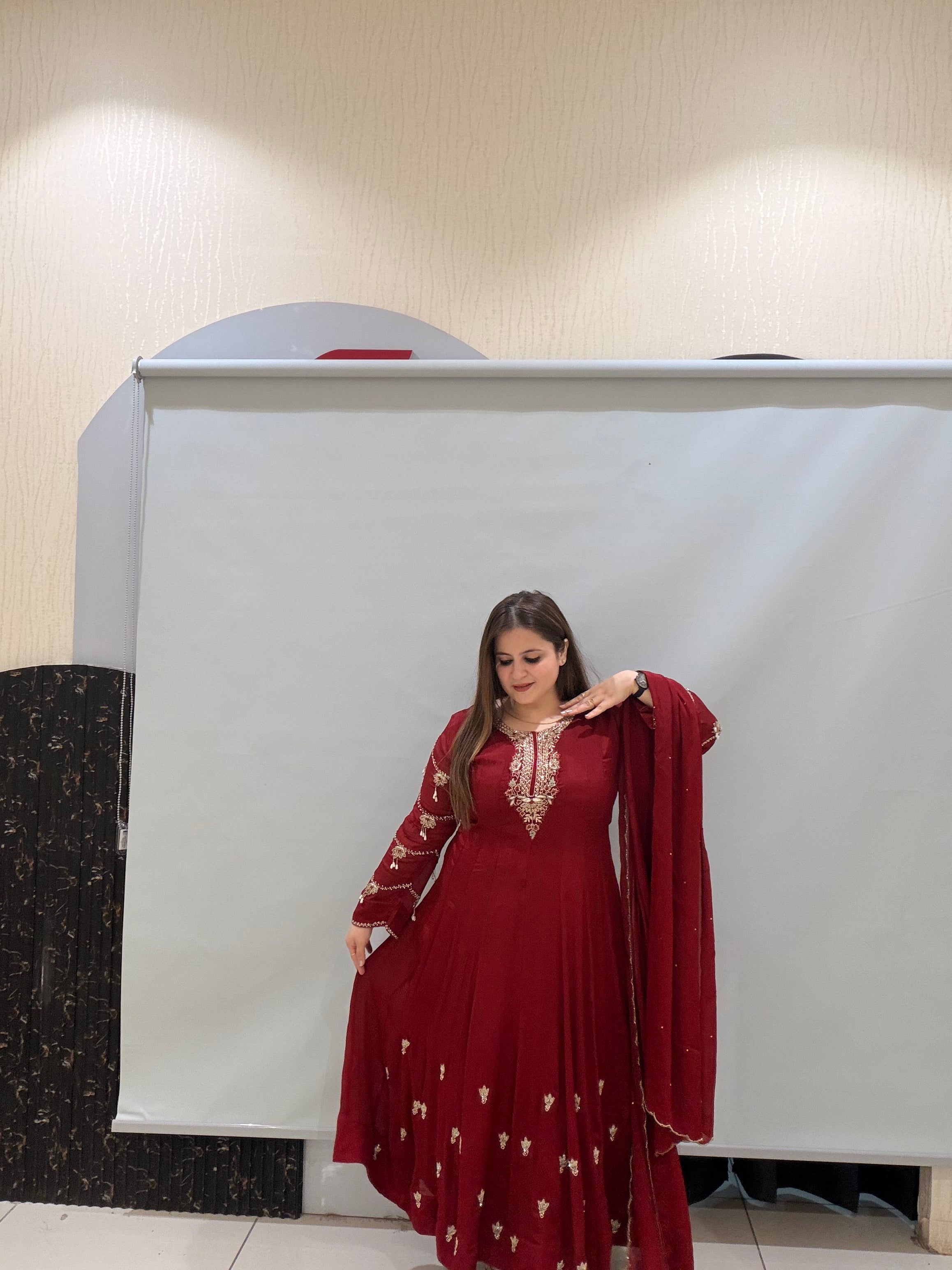 Maroon Pure Chinon Embroidered Anarkali Suit (M–XXL)