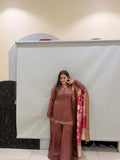 Brown Embroidered Sharara Suit with Floral Dupatta (M–XXL)