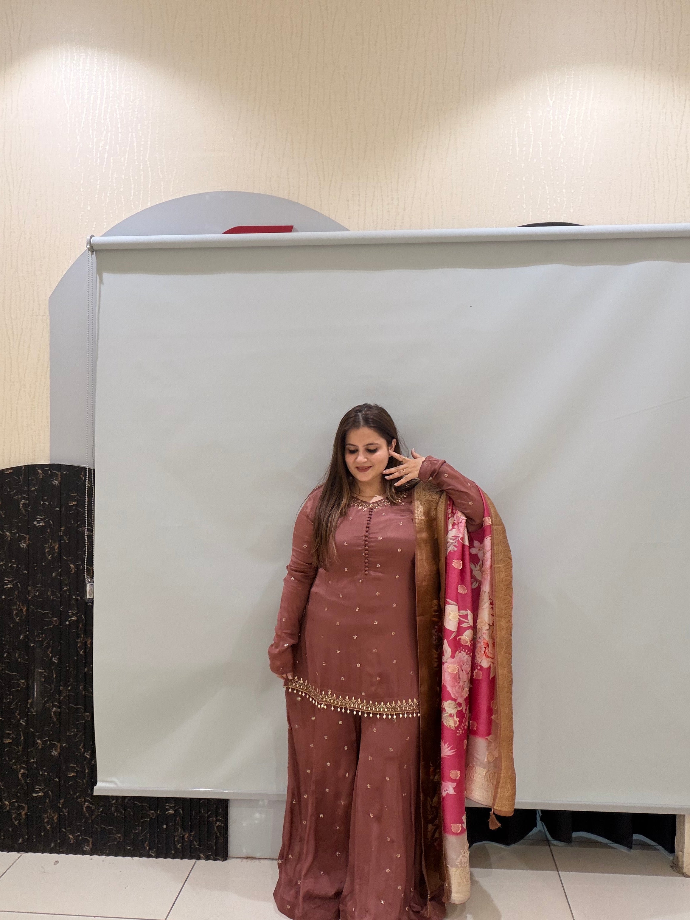 Brown Embroidered Sharara Suit with Floral Dupatta (M–XXL)