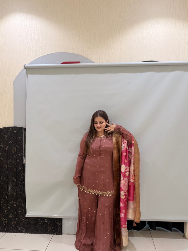 Brown Embroidered Sharara Suit with Floral Dupatta (M–XXL)