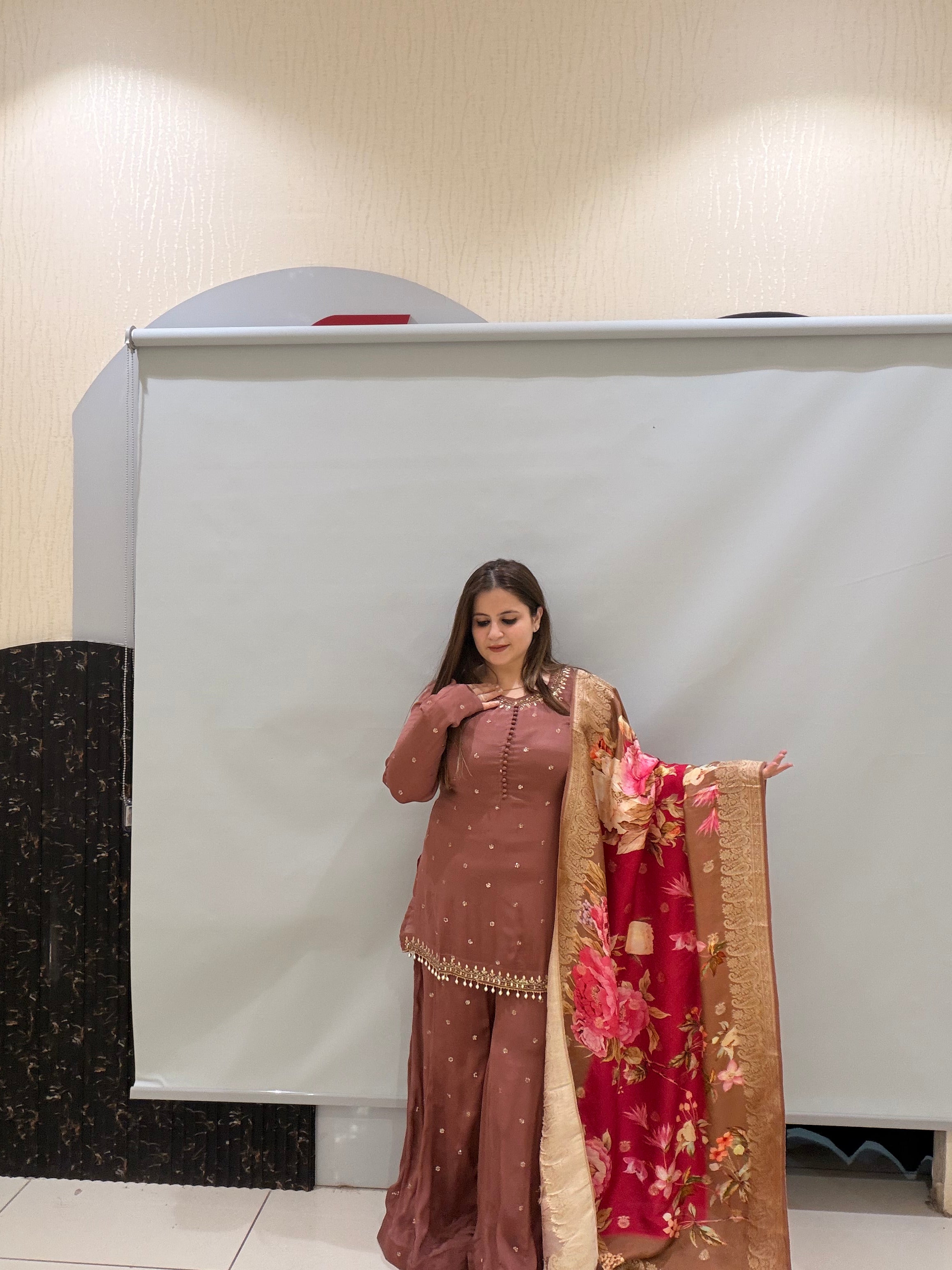 Brown Embroidered Sharara Suit with Floral Dupatta (M–XXL)