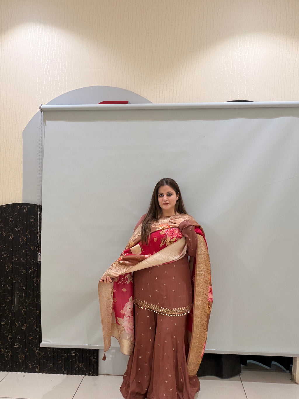 Brown Embroidered Sharara Suit with Floral Dupatta (M–XXL)