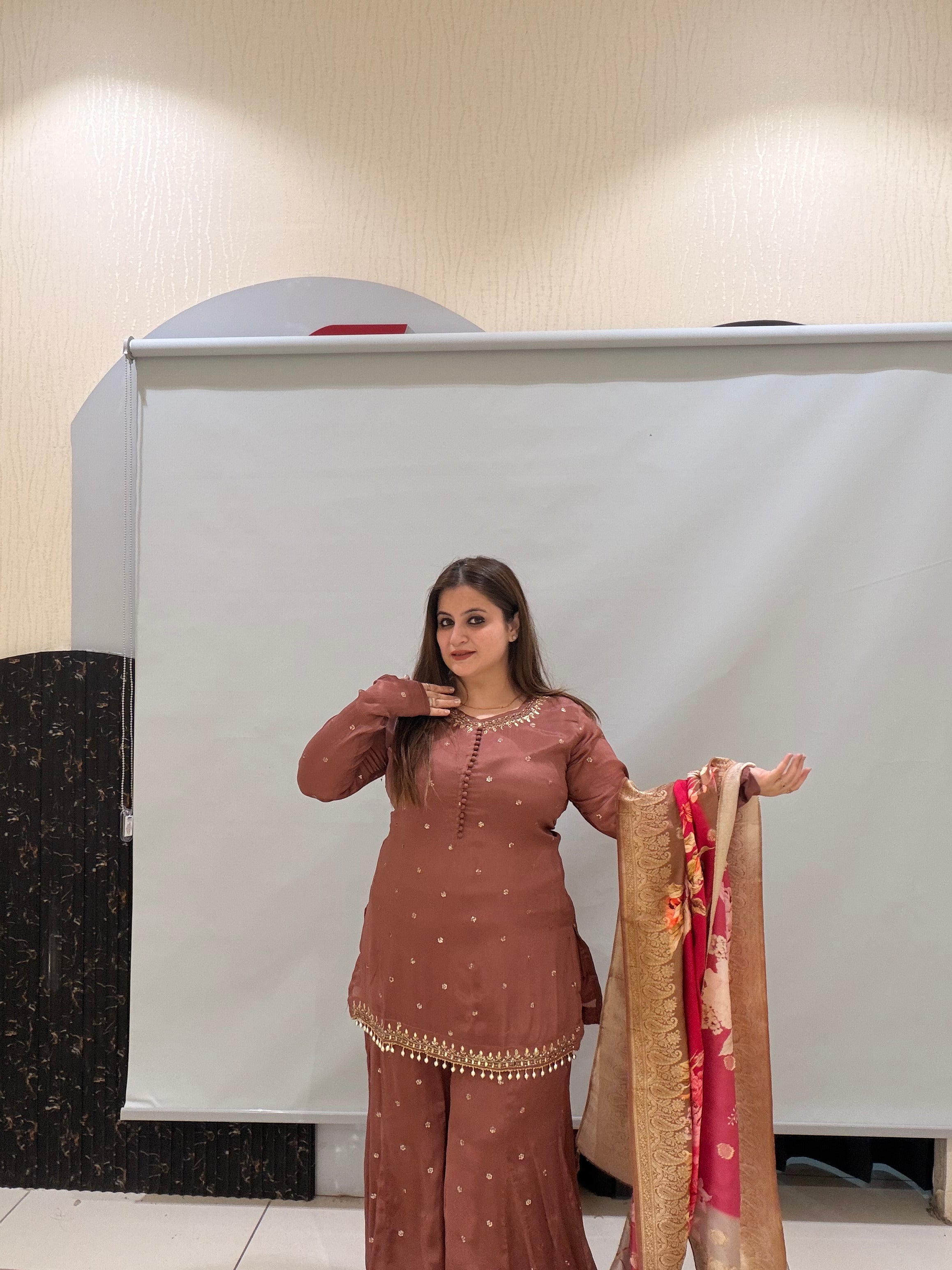 Brown Embroidered Sharara Suit with Floral Dupatta (M–XXL)