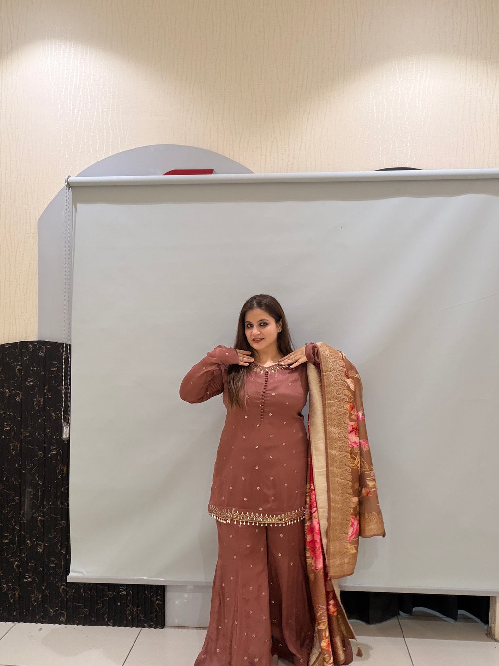 Brown Embroidered Sharara Suit with Floral Dupatta (M–XXL)
