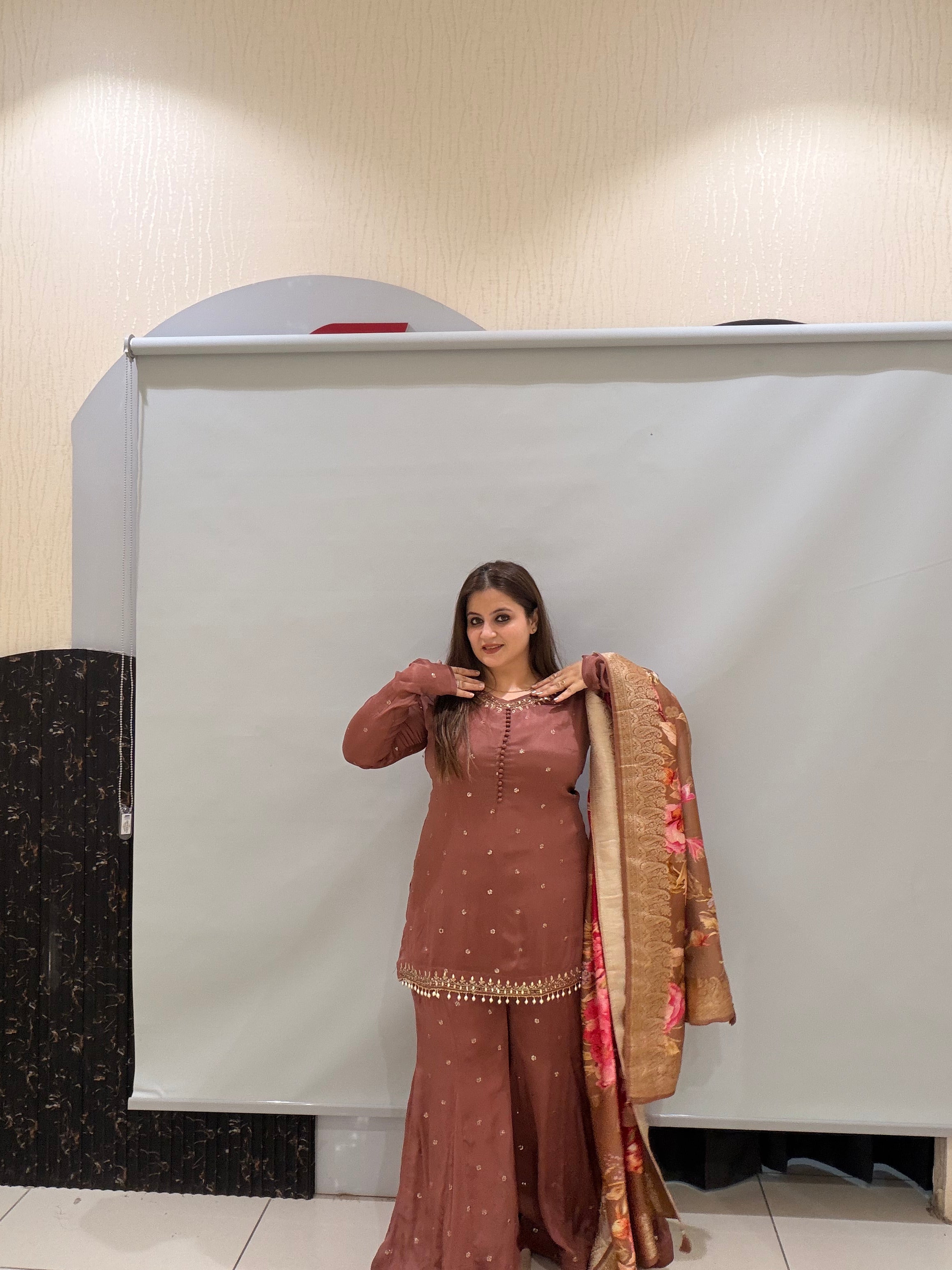 Brown Embroidered Sharara Suit with Floral Dupatta (M–XXL)