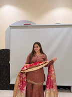 Brown Embroidered Sharara Suit with Floral Dupatta (M–XXL)