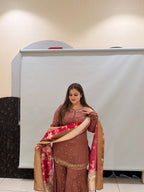 Brown Embroidered Sharara Suit with Floral Dupatta (M–XXL)